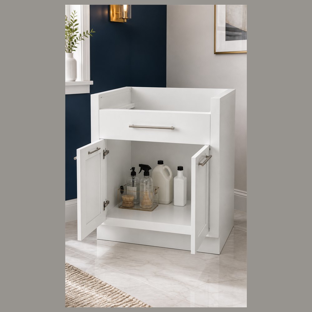 33-inch purity white shaker base cabinet — styled kitchen