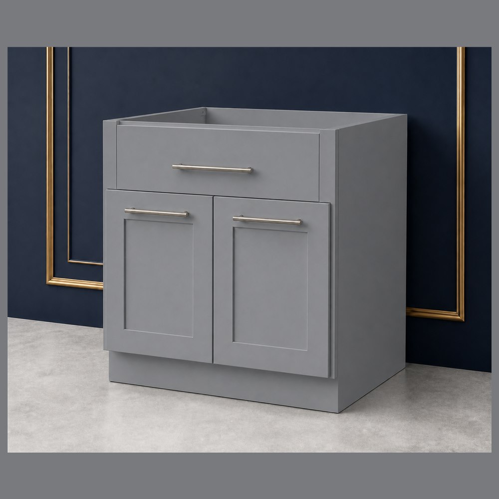33-inch victory gray shaker base cabinet — angled view