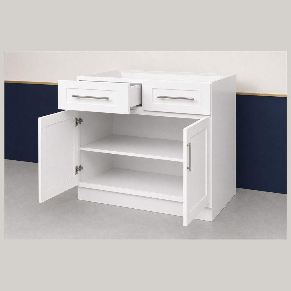 36-inch purity white shaker base cabinet — open-door view