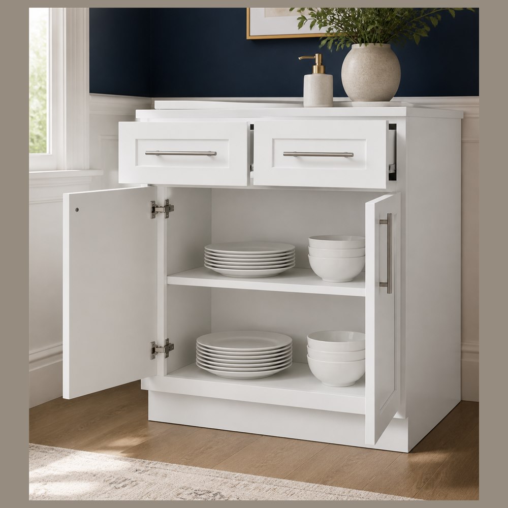 36-inch purity white shaker base cabinet — styled kitchen