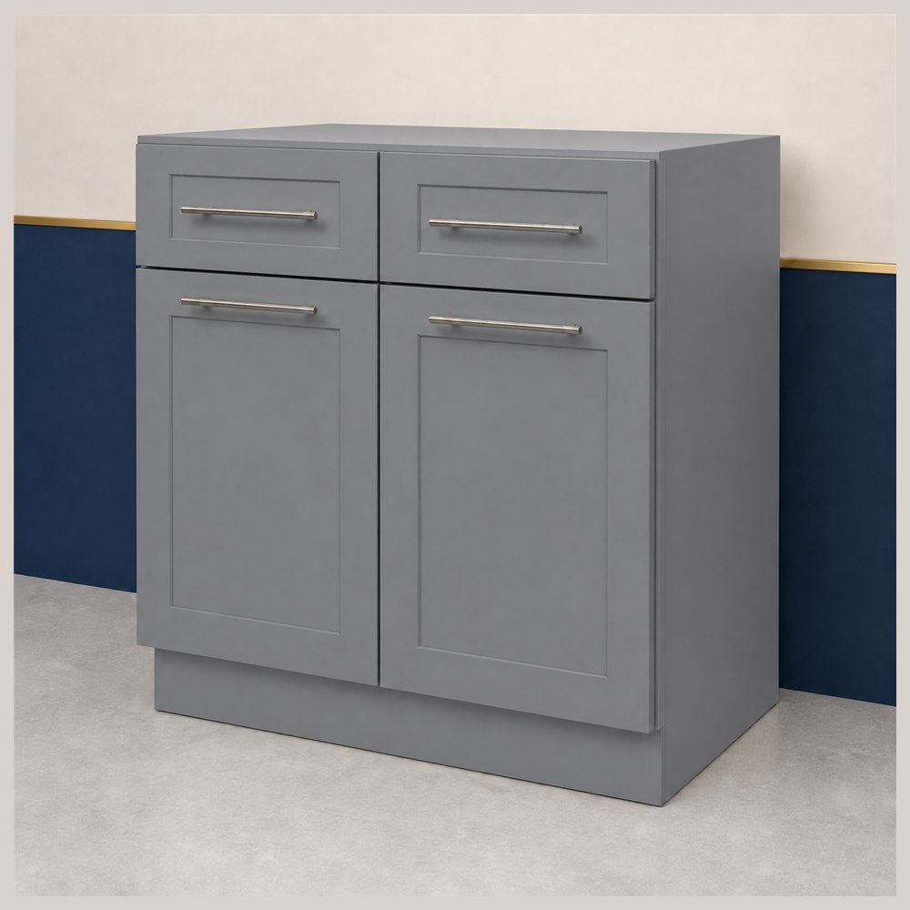 36-inch victory gray shaker base cabinet — angled view