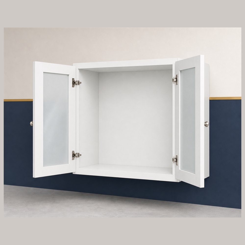 36-inch purity white shaker wall cabinet — open-door view