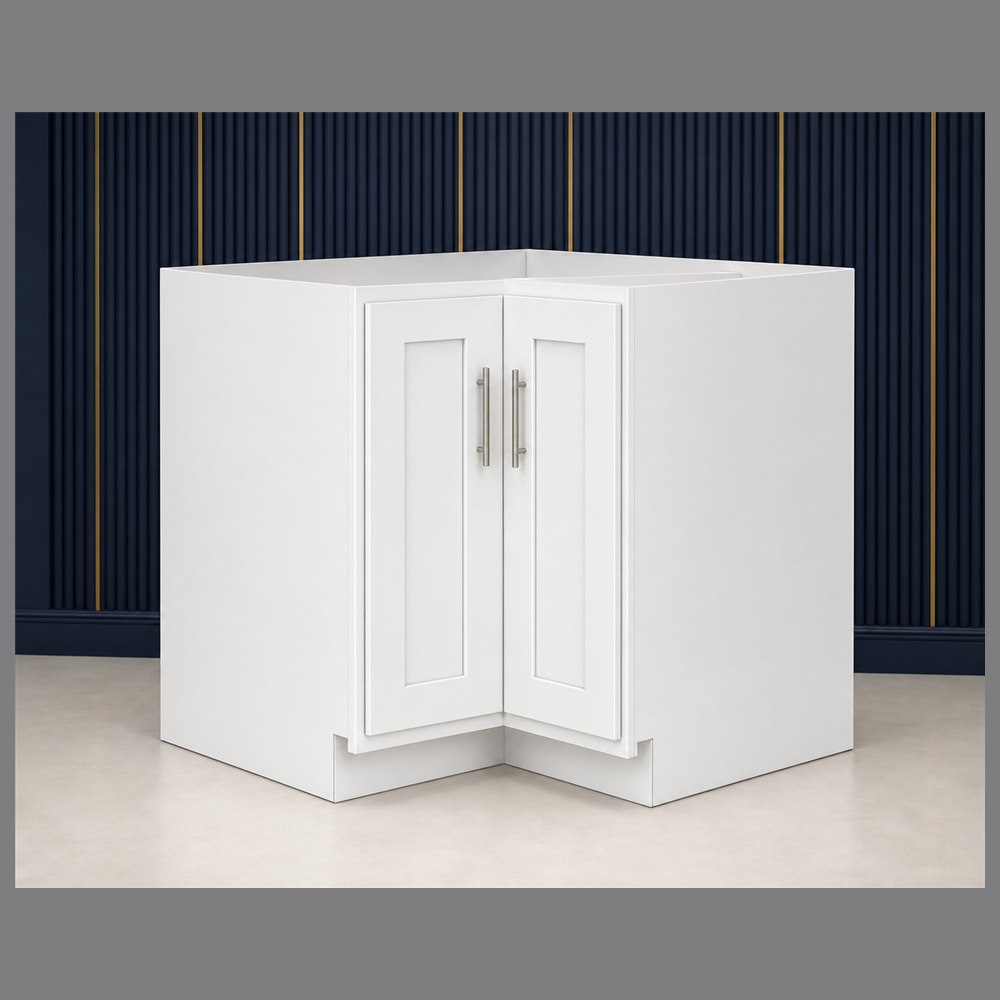 36-inch purity white shaker base cabinet — angled view