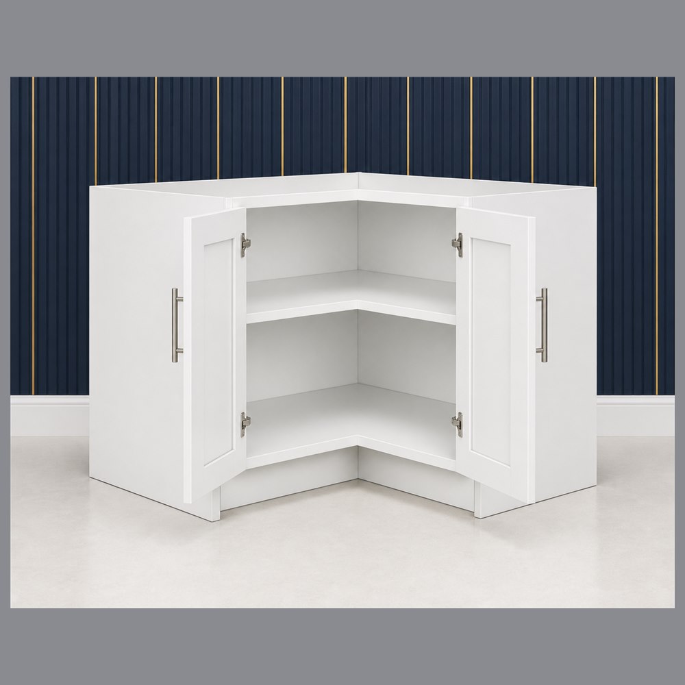 36-inch purity white shaker base cabinet — open-door view