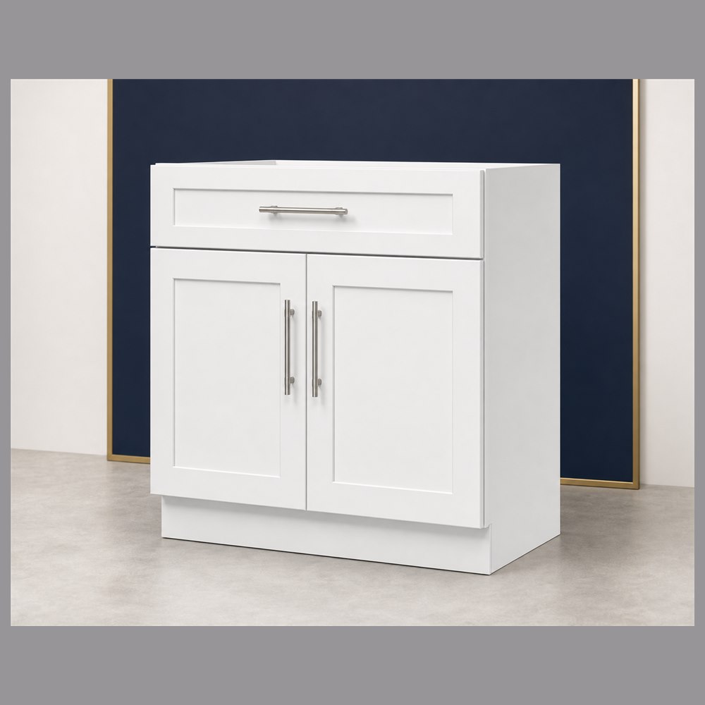 36-inch purity white shaker base cabinet — angled view