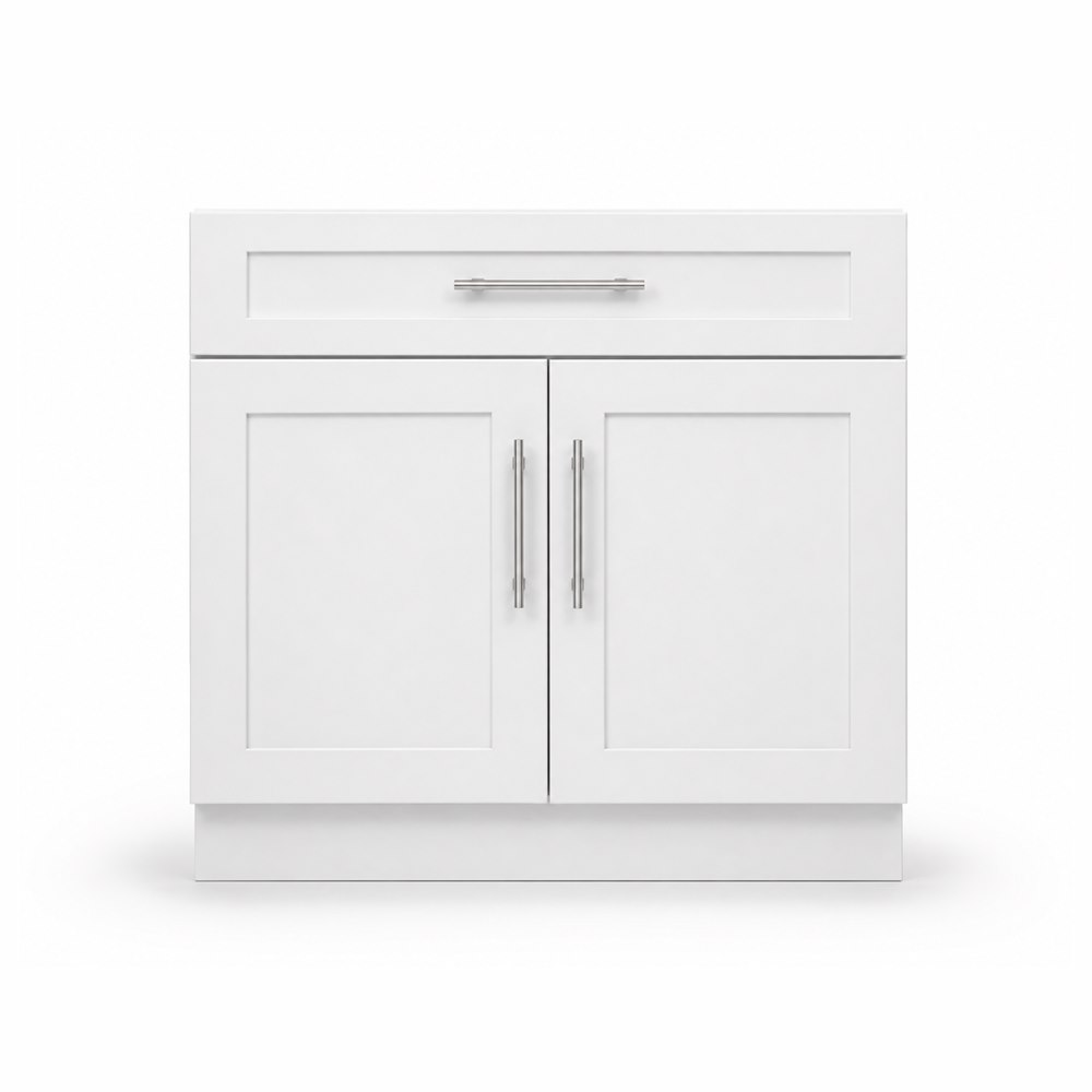 36-inch purity white shaker base cabinet — front view