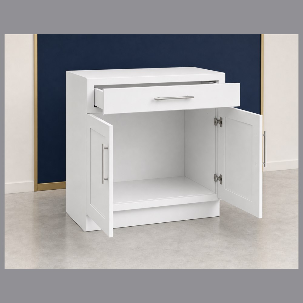 36-inch purity white shaker base cabinet — open-door view