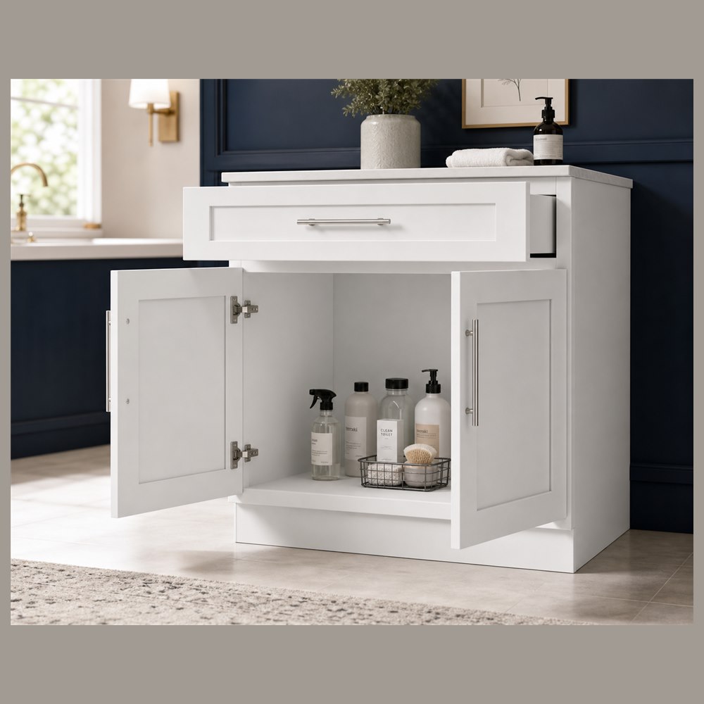 36-inch purity white shaker base cabinet — styled kitchen