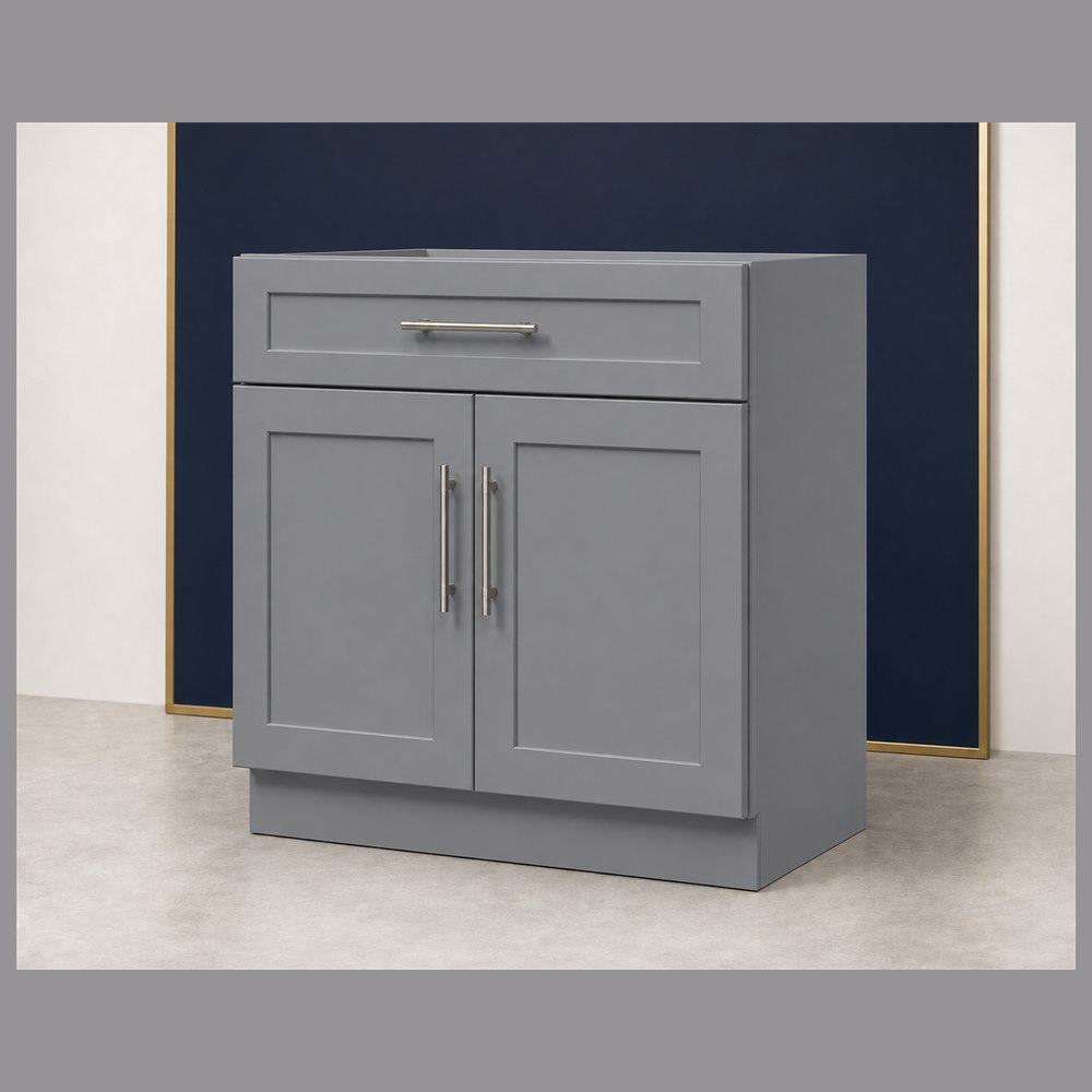 36-inch victory gray shaker base cabinet — angled view