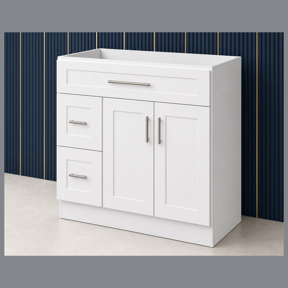 36-inch purity white shaker vanity cabinet — angled view