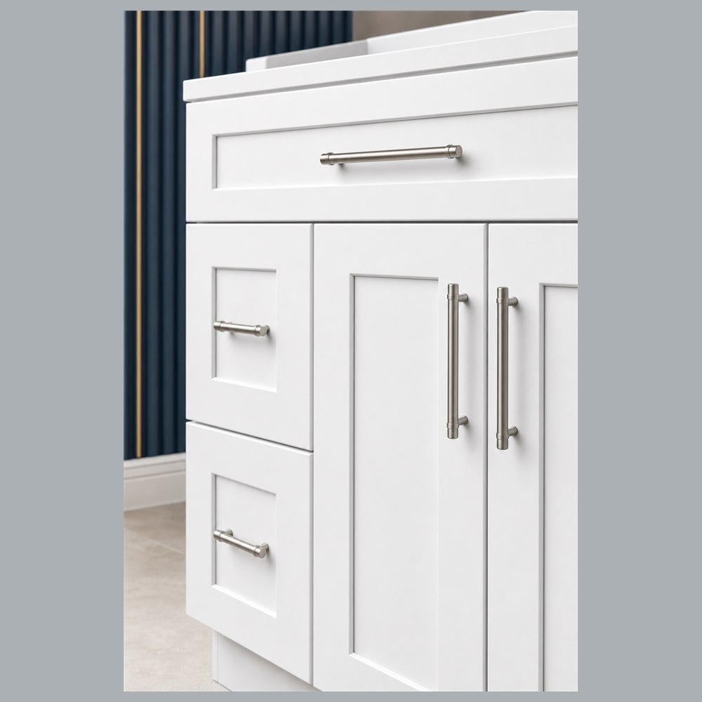 36-inch purity white shaker vanity cabinet — drawer detail