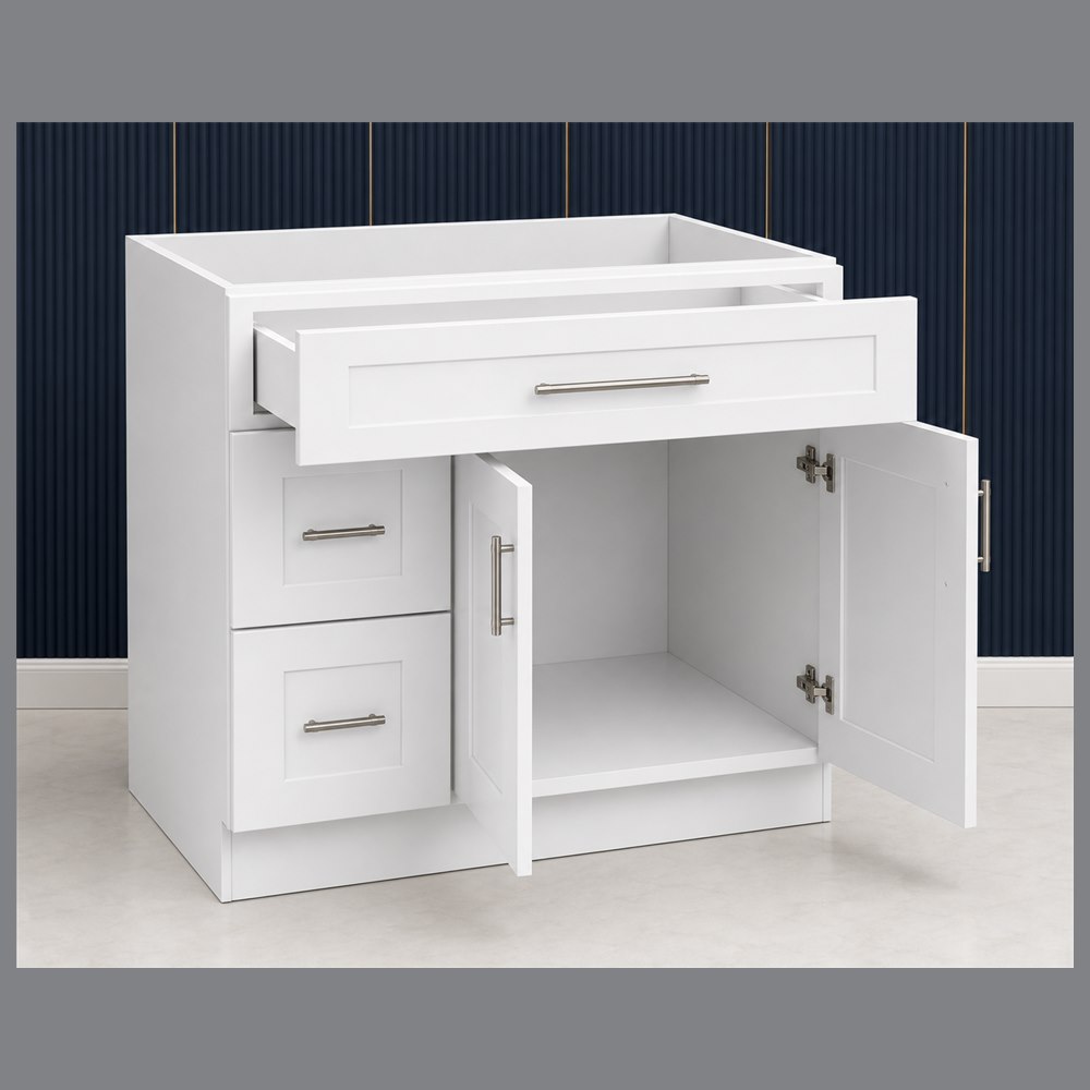 36-inch purity white shaker vanity cabinet — open-door view