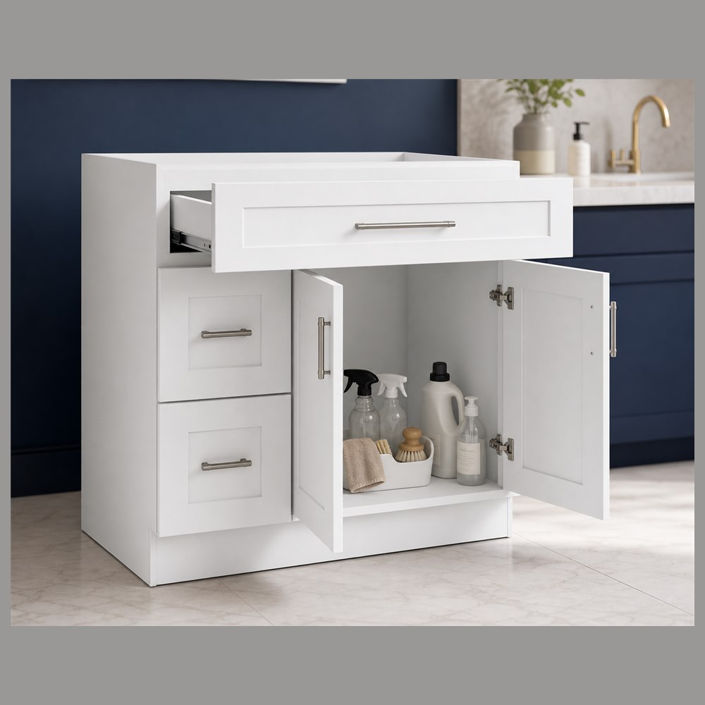 36-inch purity white shaker vanity cabinet — styled kitchen