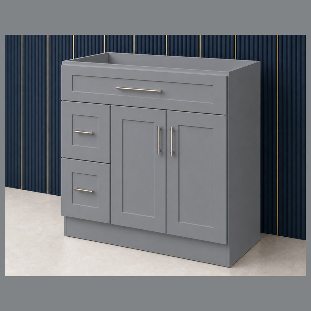 36-inch victory gray shaker vanity cabinet — angled view