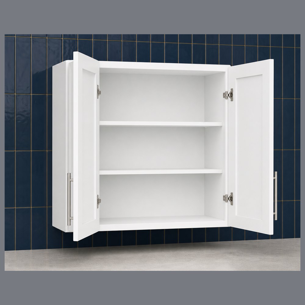 36-inch purity white shaker wall cabinet — open-door view
