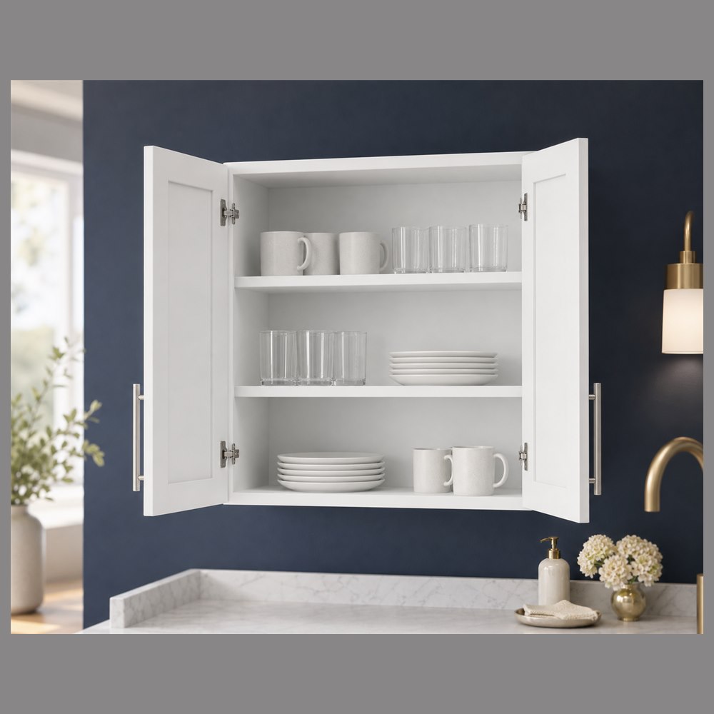 36-inch purity white shaker wall cabinet — styled kitchen