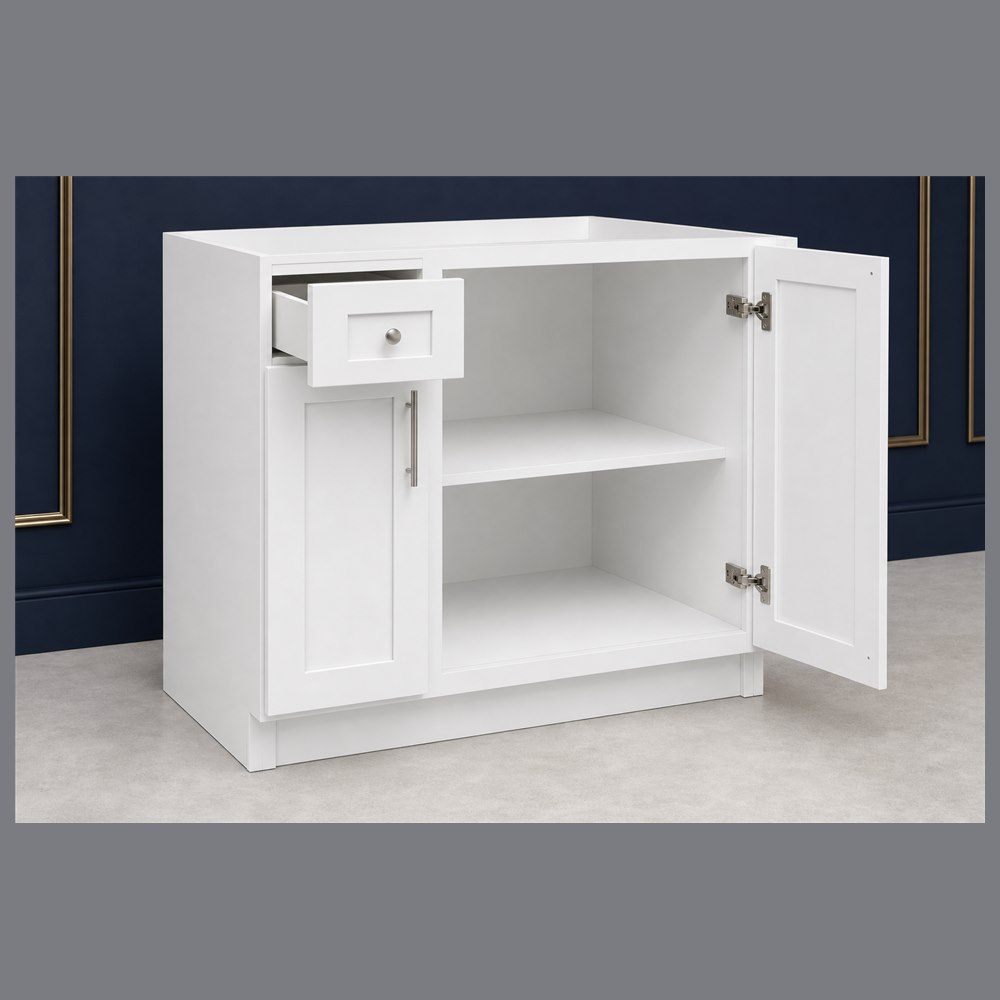 39-inch purity white shaker base cabinet — open-door view