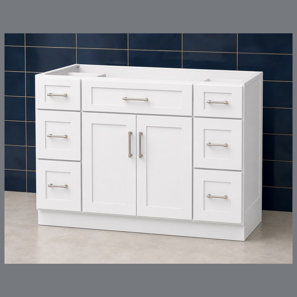 48-inch purity white shaker vanity cabinet — angled view