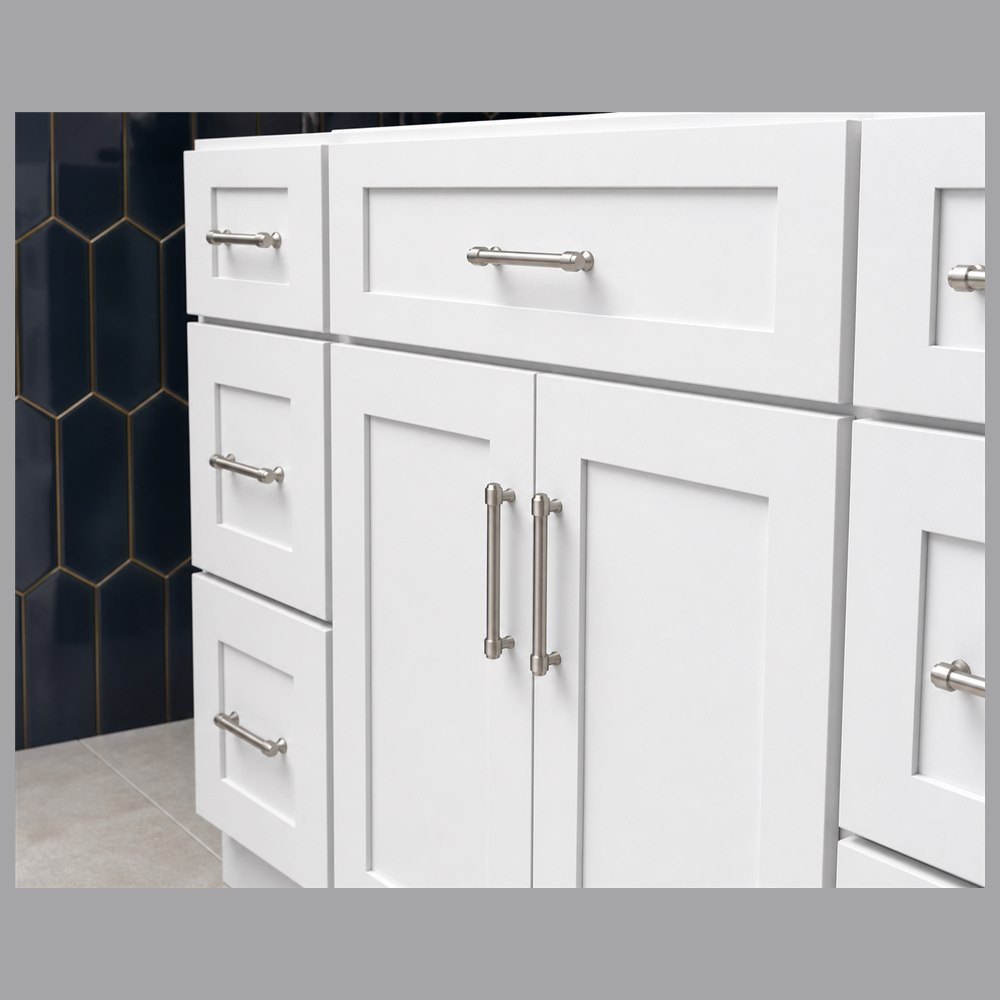 48-inch purity white shaker vanity cabinet — drawer detail