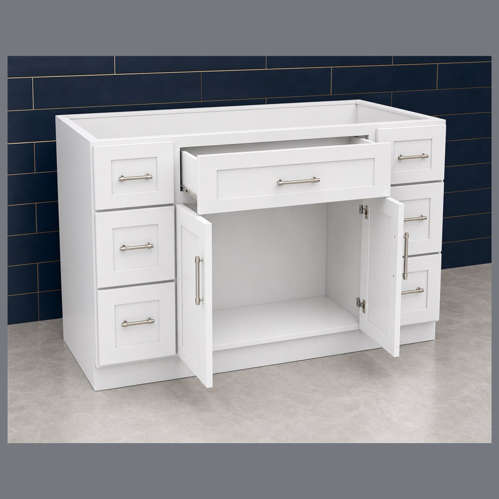 48-inch purity white shaker vanity cabinet — open-door view