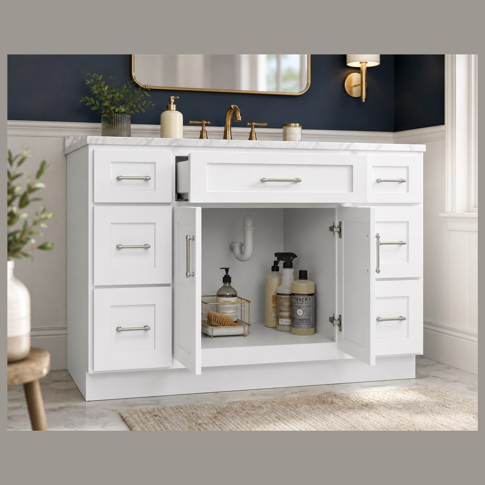 48-inch purity white shaker vanity cabinet — styled kitchen
