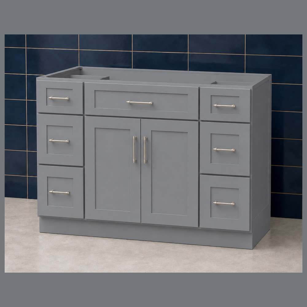 48-inch victory gray shaker vanity cabinet — angled view