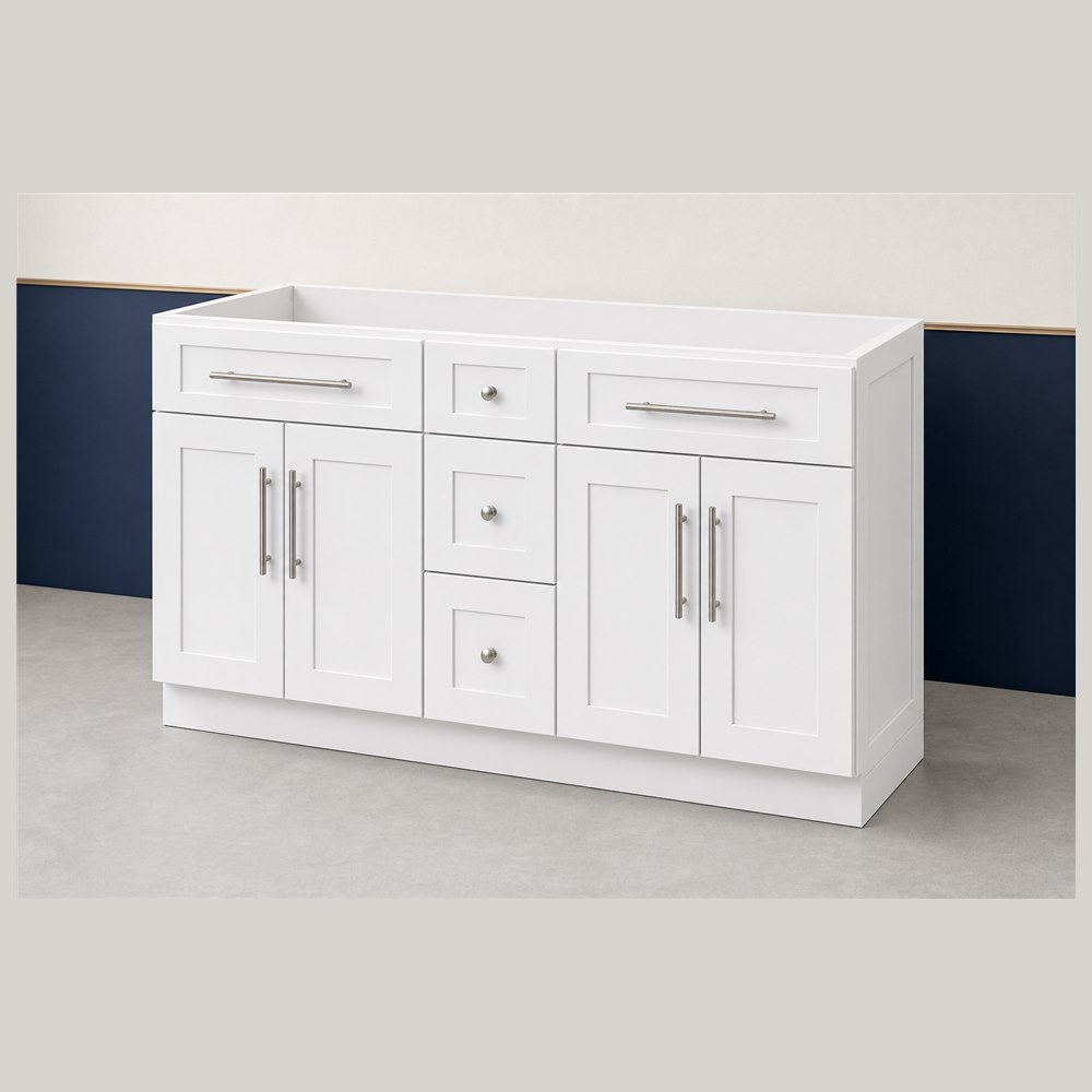 60-inch purity white shaker vanity cabinet — angled view