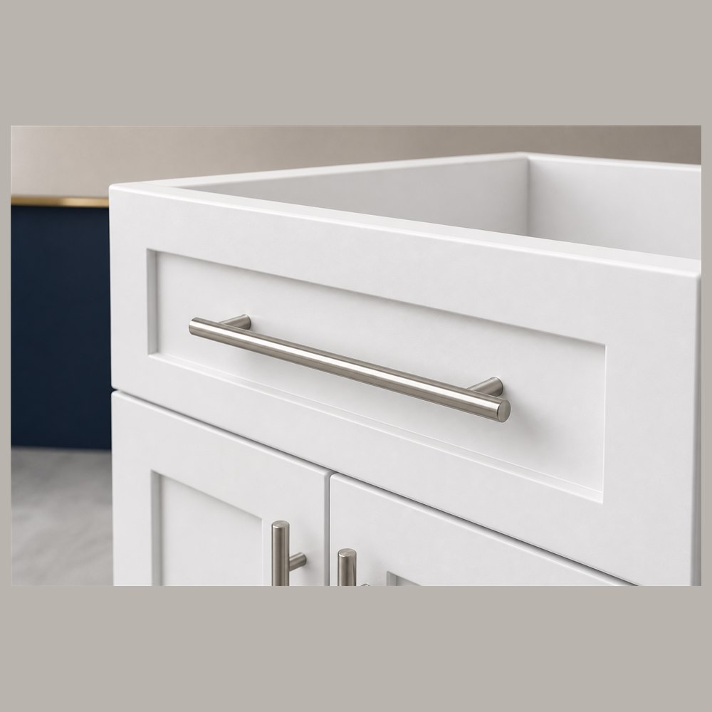 60-inch purity white shaker vanity cabinet — drawer detail