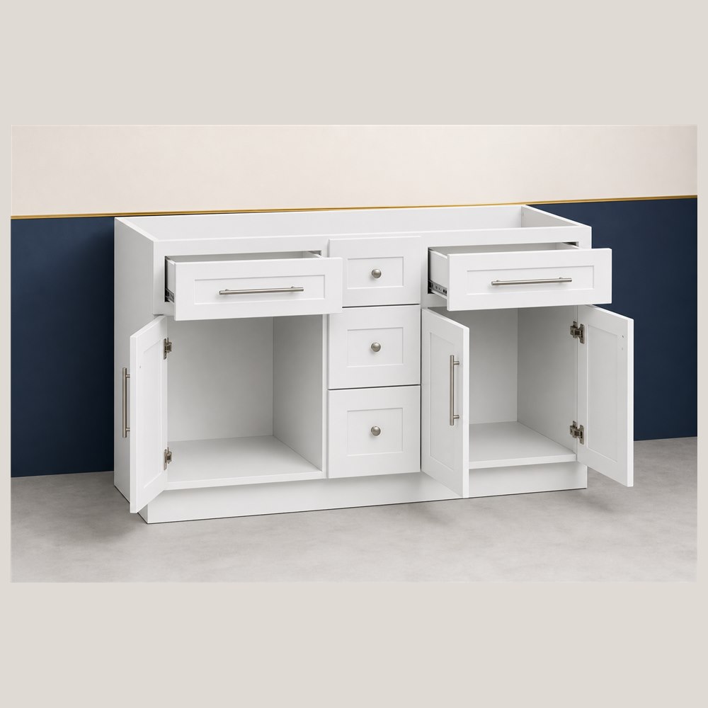 60-inch purity white shaker vanity cabinet — open-door view