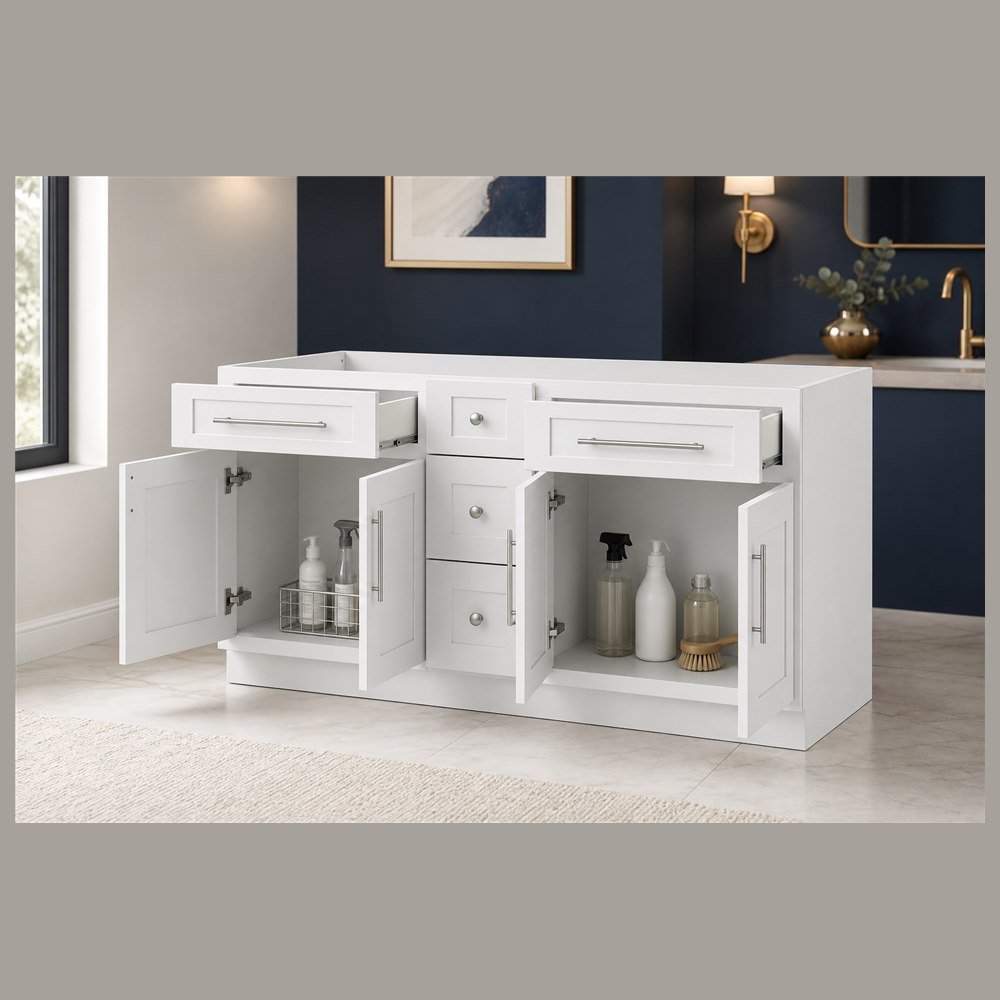 60-inch purity white shaker vanity cabinet — styled kitchen