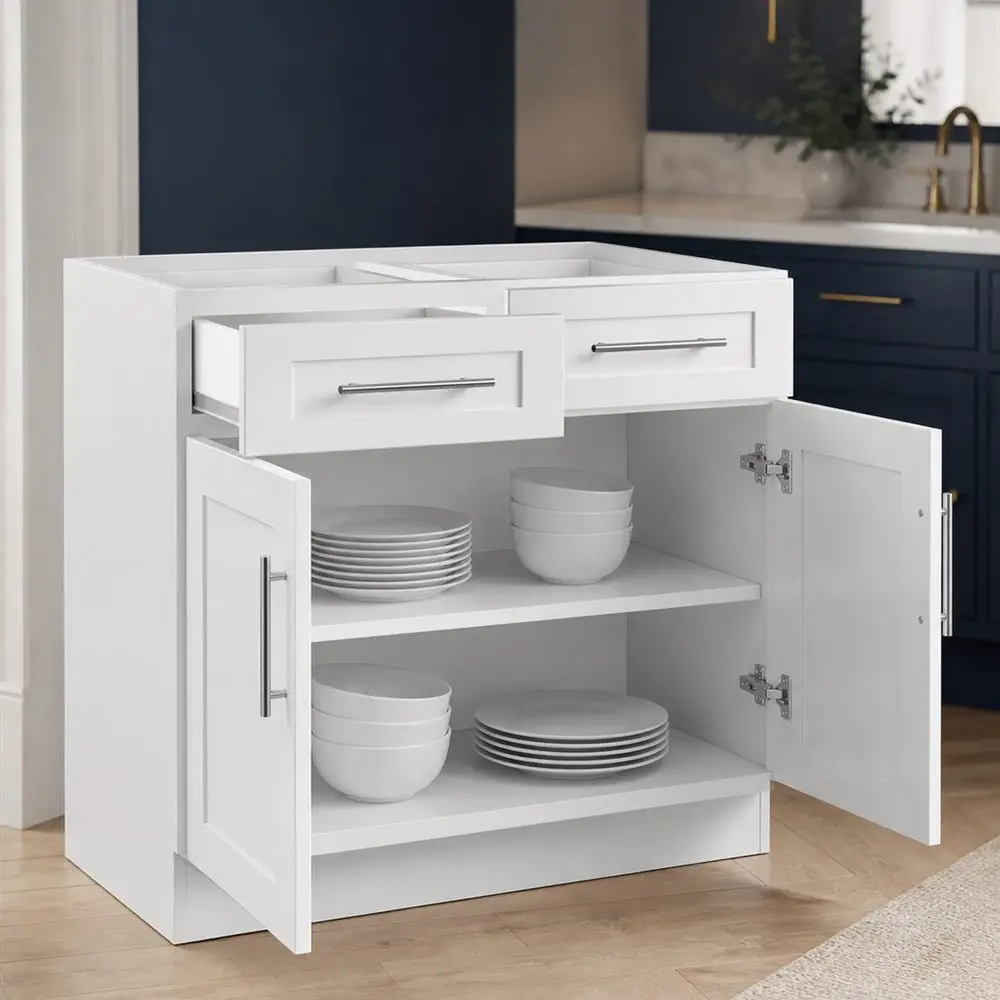 White base cabinet styled with dishware