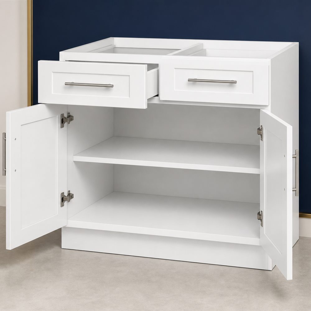 White base cabinet with doors open