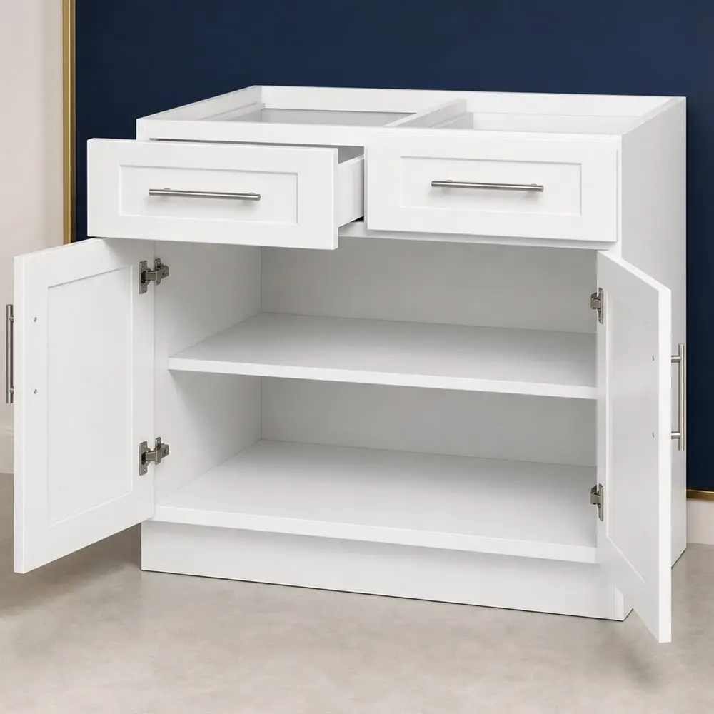 White base cabinet with doors open