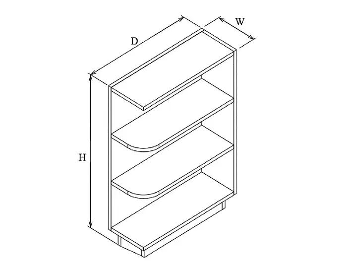BESLO9 BASE END SHELF (left) form illustration - width, height and depth are labelled with letters on the sheet, not printed as numbers