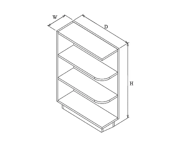 BESRO9 BASE END SHELF (right) form illustration - width, height and depth are labelled with letters on the sheet, not printed as numbers
