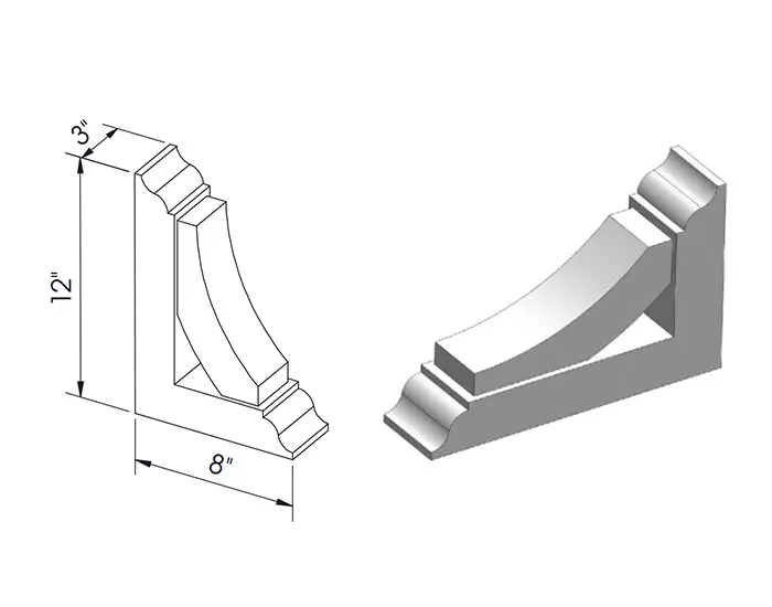 CORBEL3128 CORBEL W3in. x H12in. x D8in. dimension drawing