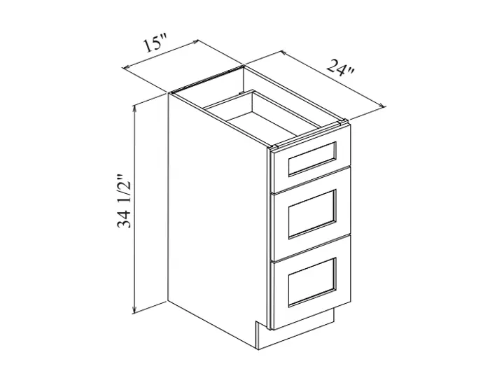 DB15 3 DRAWERS BASE W15in. x H34.5in. x D24in. dimension drawing
