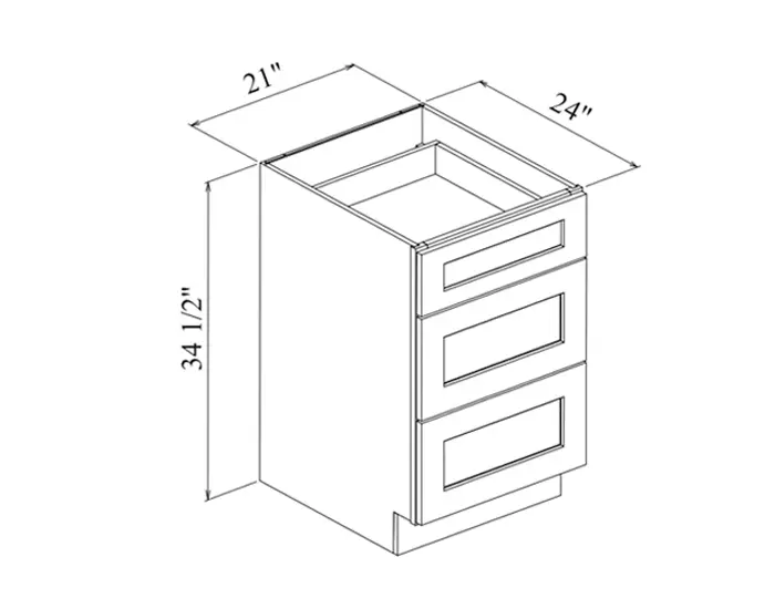 DB21 3 DRAWERS BASE W21in. x H34.5in. x D24in. dimension drawing