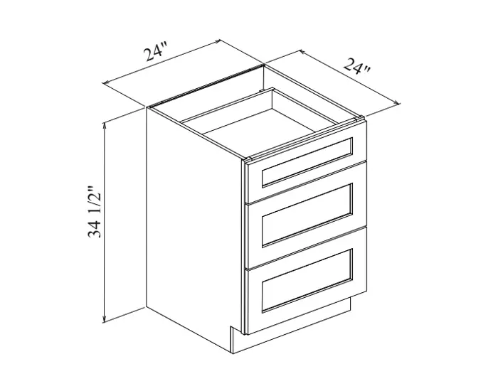 DB24 3 DRAWERS BASE W24in. x H34.5in. x D24in. dimension drawing