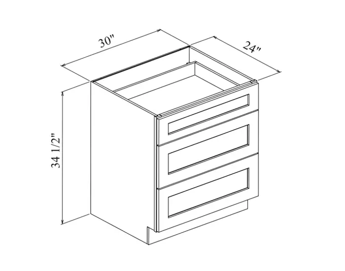 DB30 3 DRAWERS BASE W30in. x H34.5in. x D24in. dimension drawing