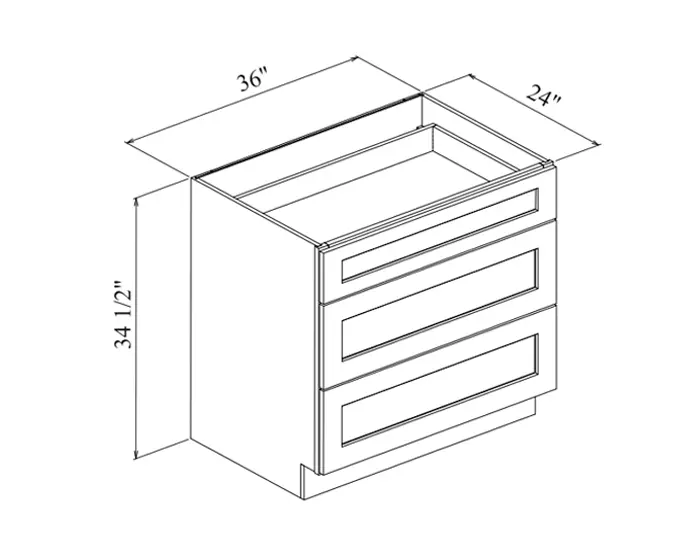 DB36 36 in. 3-Drawer Base Cabinet dimension drawing