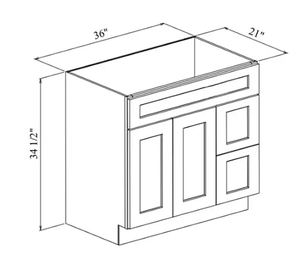 VAN36DR VANITY BASE DRAWERS ON RIGHT W36in. x H34.5in. x D21in. dimension drawing