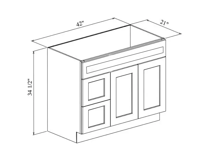 VAN42DL VANITY BASE DRAWERS ON LEFT W42in. x H34.5in. x D21in. dimension drawing
