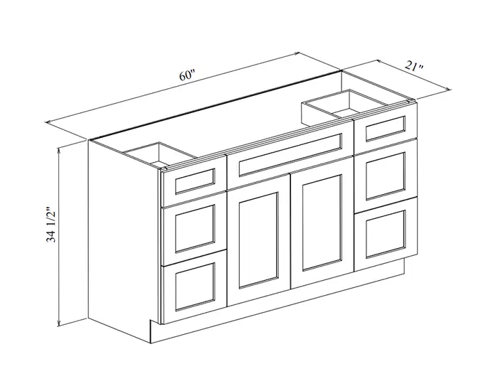 VAN60D-6 VANITY SINGLE SINK BASE WITH 6 DRAWERS W60in. x H34.5 X D21in. dimension drawing
