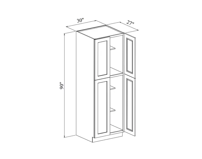 WP309027 30 in. W x 90 in. H x 27 in. D Tall Pantry Cabinet (4 Doors) dimension drawing