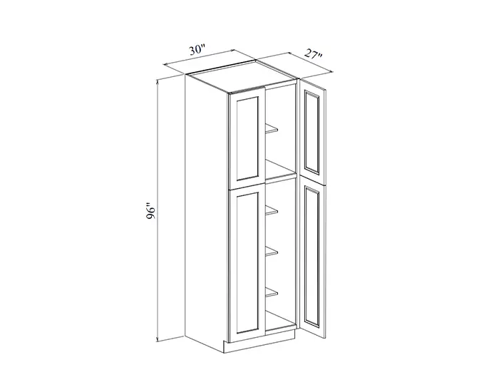 WP309627 30 in. W x 96 in. H x 27 in. D Tall Pantry Cabinet (4 Doors) dimension drawing