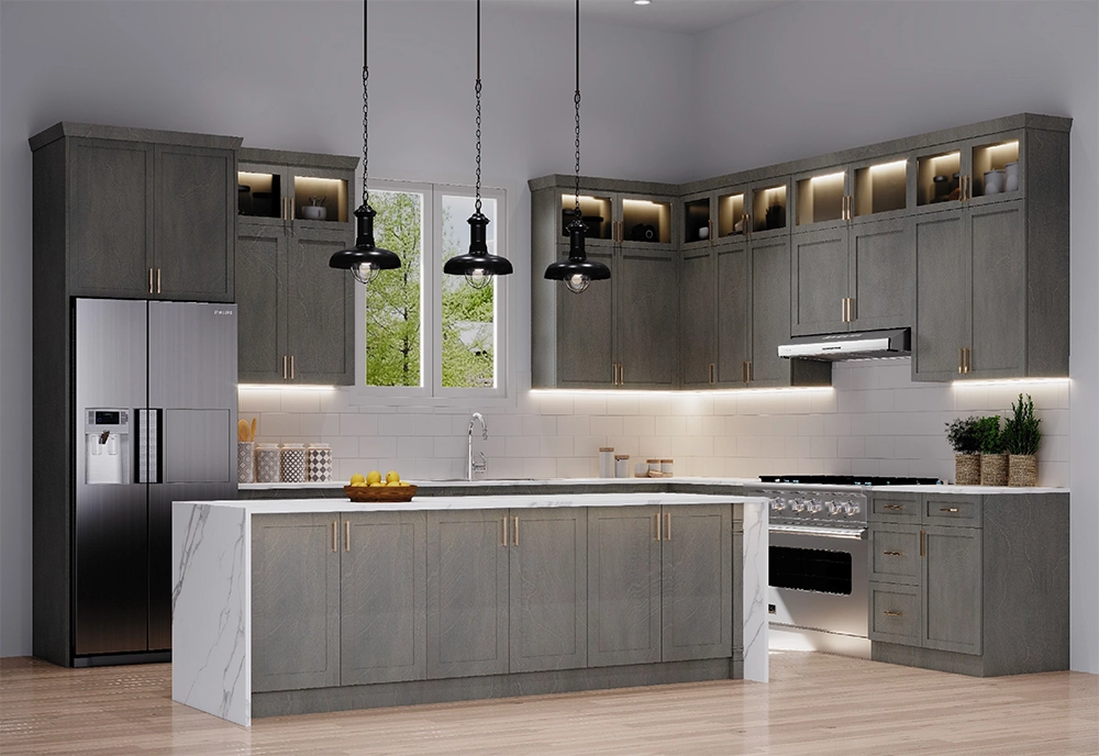 Shaker kitchen with a full run of base cabinets and an island