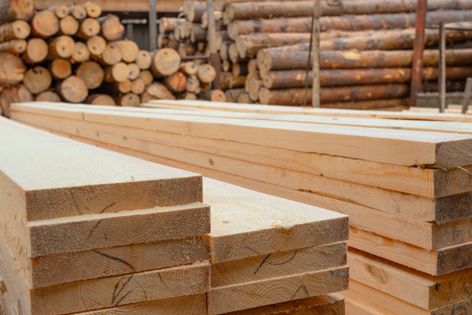 Sawn timber stacked at the mill