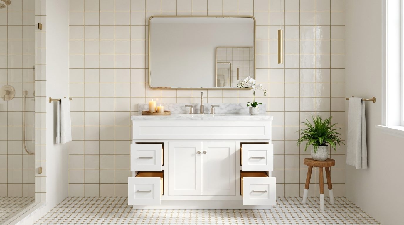 Finished bathroom vanity with gold fixtures
