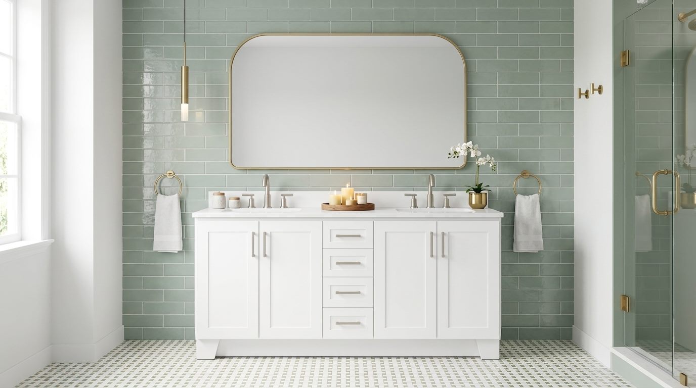 White double vanity in a finished bathroom